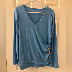 Blue V-Neck Crossover with Button Detail Women's Top